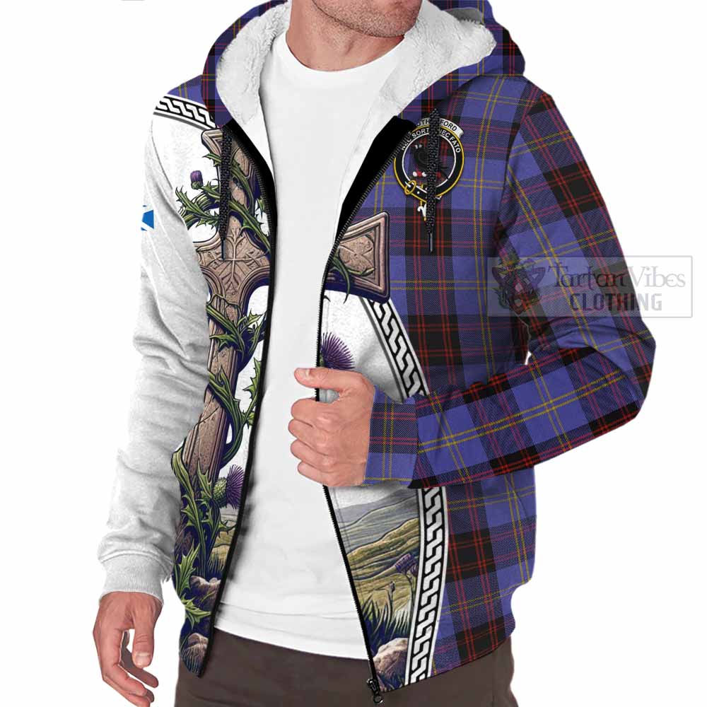 Tartan Vibes Clothing Rutherford Tartan Sherpa Hoodie with Family Crest and St. Andrew's Cross Accented by Thistle Vines