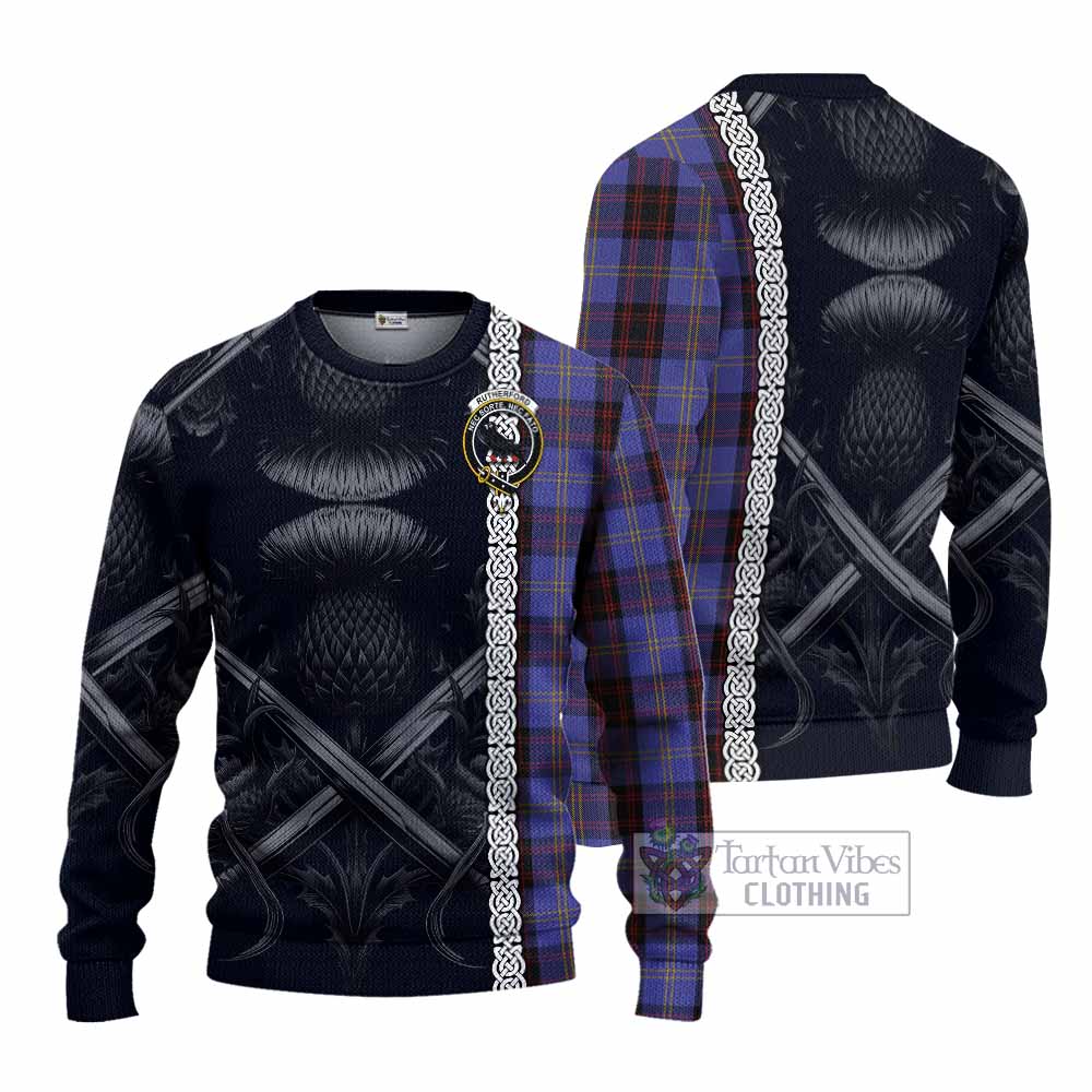 Tartan Vibes Clothing Rutherford Tartan Knitted Sweater with Family Crest Cross Sword Thistle Celtic Vibes