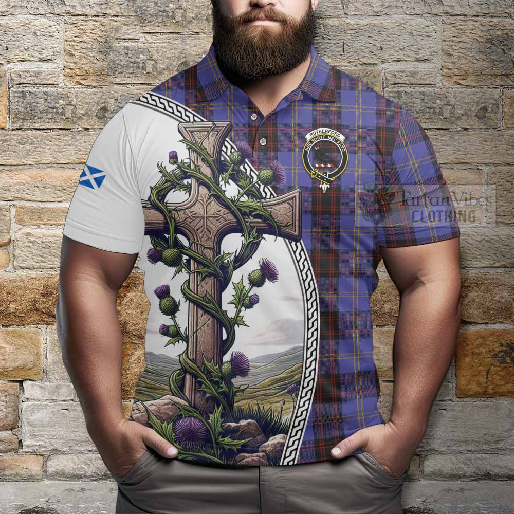 Tartan Vibes Clothing Rutherford Tartan Polo Shirt with Family Crest and St. Andrew's Cross Accented by Thistle Vines