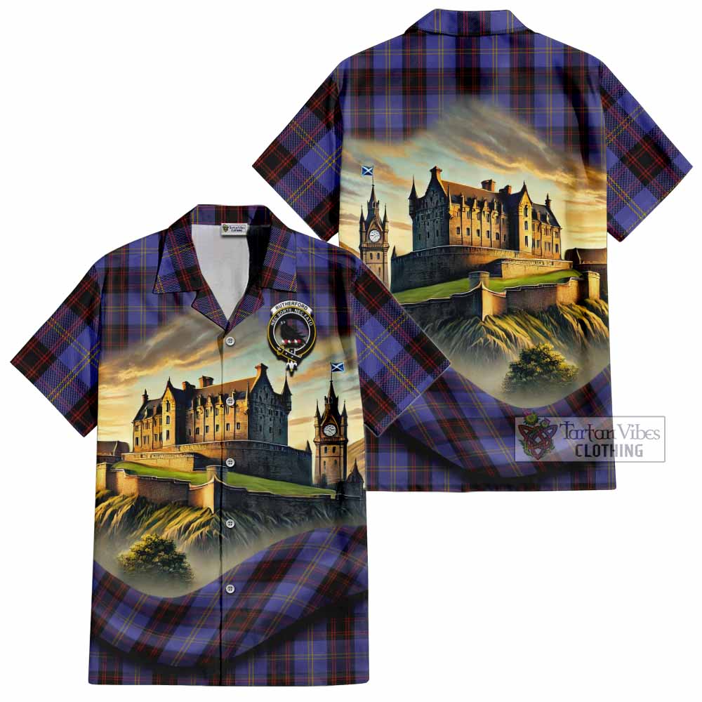 Tartan Vibes Clothing Rutherford Tartan Family Crest Short Sleeve Button Shirt with Scottish Ancient Castle Style