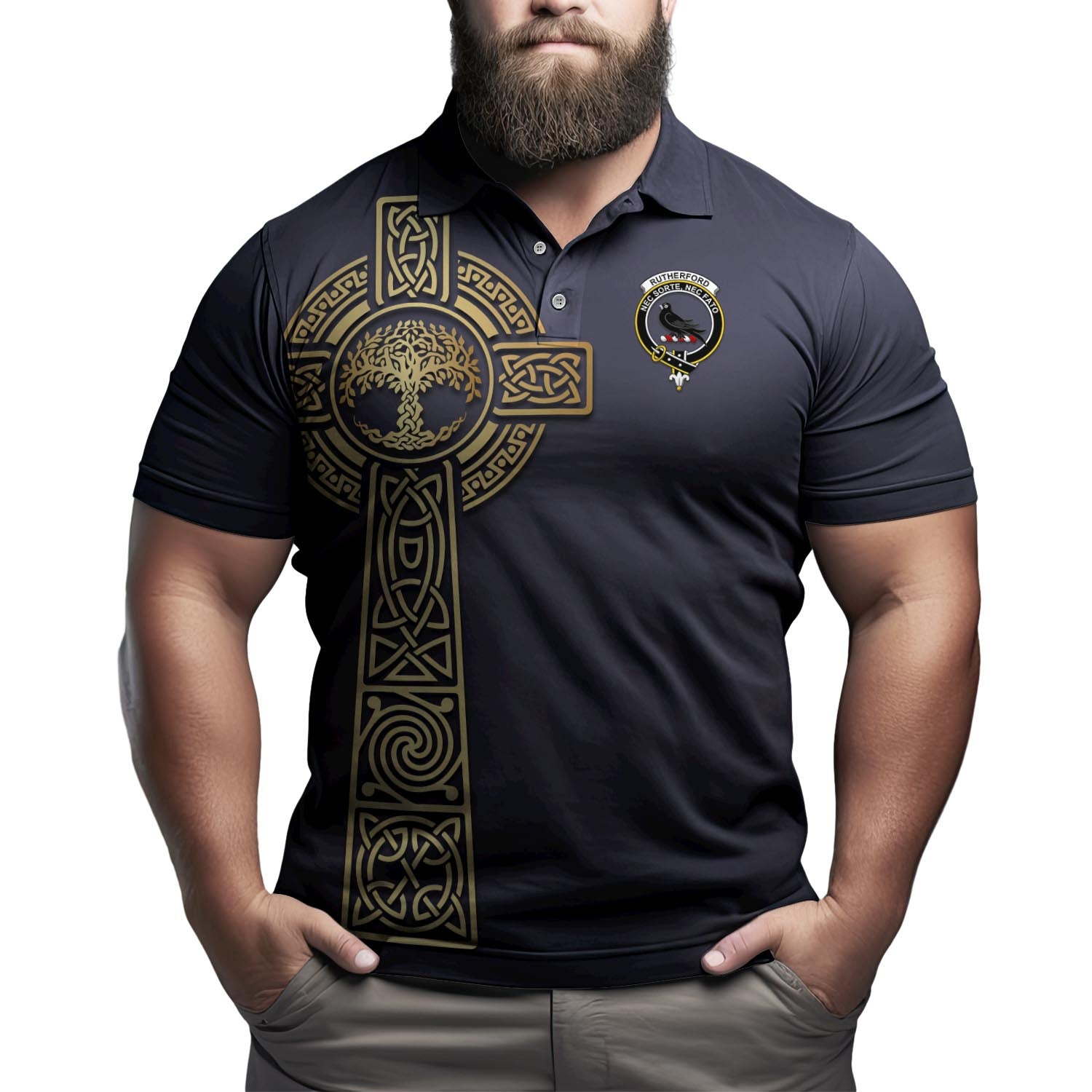 Rutherford Clan Polo Shirt with Golden Celtic Tree Of Life - Tartanvibesclothing