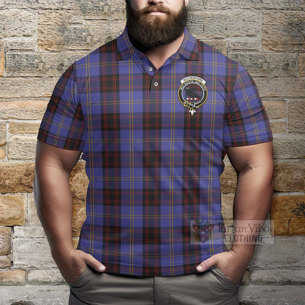 Tartan Vibes Clothing Rutherford Tartan Polo Shirt with Family Crest and Bearded Skull Holding Bottles of Whiskey