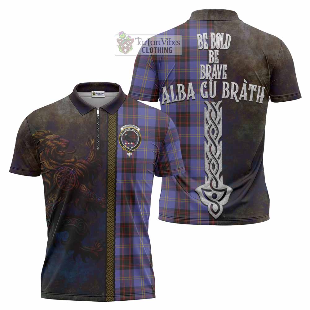 Tartan Vibes Clothing Rutherford Tartan Family Crest Zipper Polo Shirt Alba Gu Brath Be Brave Lion Ancient Style