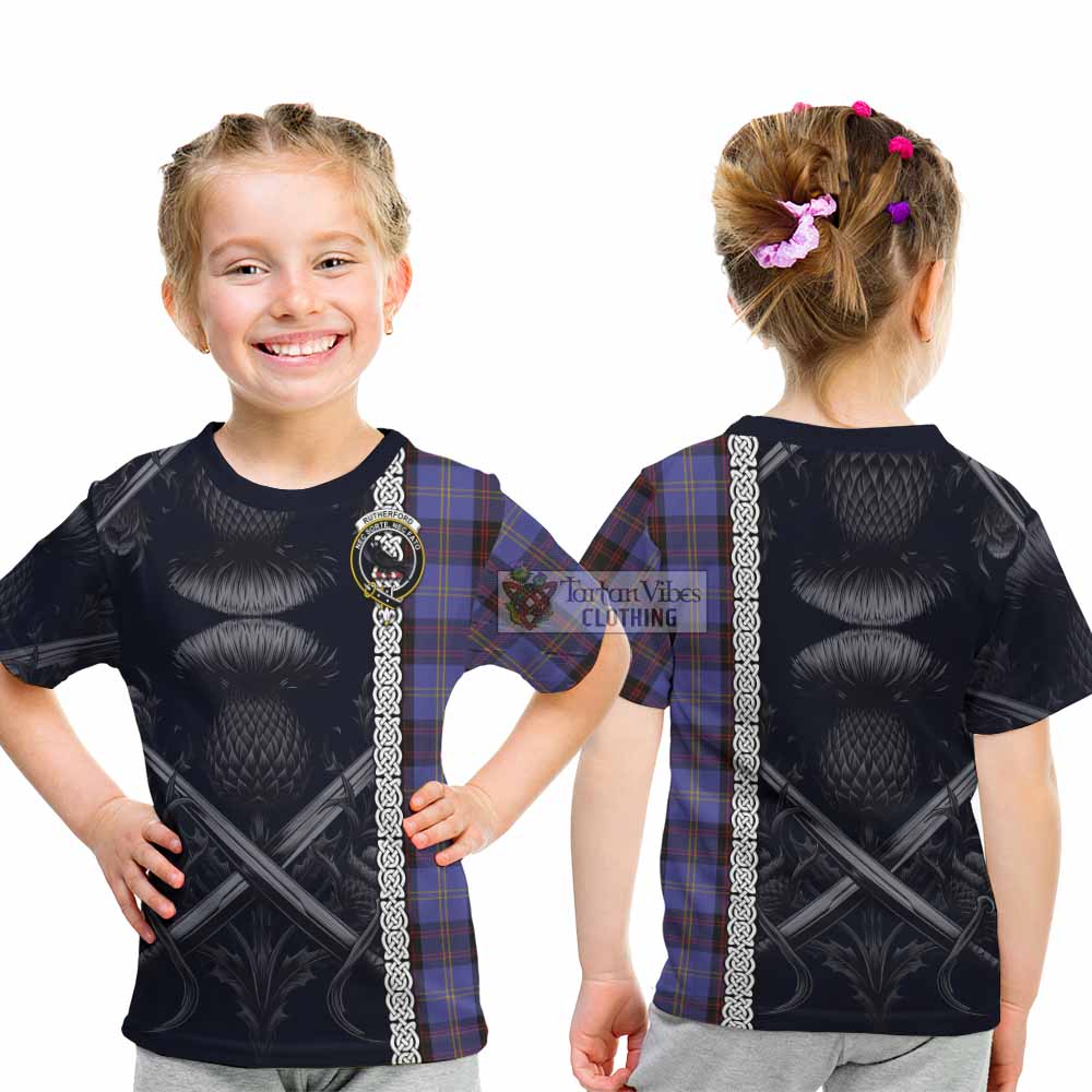 Tartan Vibes Clothing Rutherford Tartan Kid T-Shirt with Family Crest Cross Sword Thistle Celtic Vibes