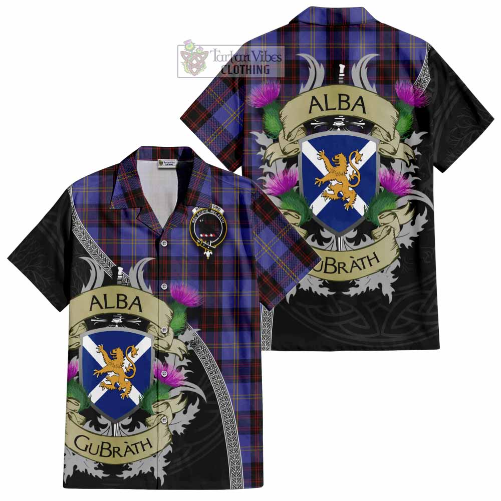 Tartan Vibes Clothing Rutherford Tartan Family Crest Short Sleeve Button Shirt Lion Rampant Royal Thistle Shield Celtic Inspired