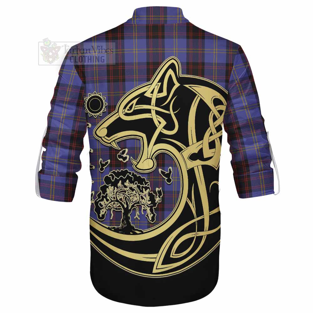Tartan Vibes Clothing Rutherford Tartan Ghillie Kilt Shirt with Family Crest Celtic Wolf Style