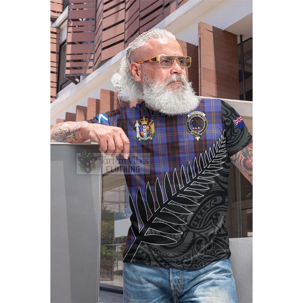 Tartan Vibes Clothing Rutherford Crest Tartan Cotton T-shirt with New Zealand Silver Fern Half Style