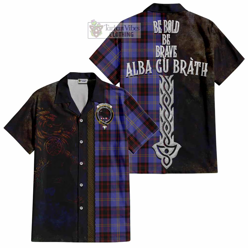 Tartan Vibes Clothing Rutherford Tartan Family Crest Short Sleeve Button Shirt Alba Gu Brath Be Brave Lion Ancient Style