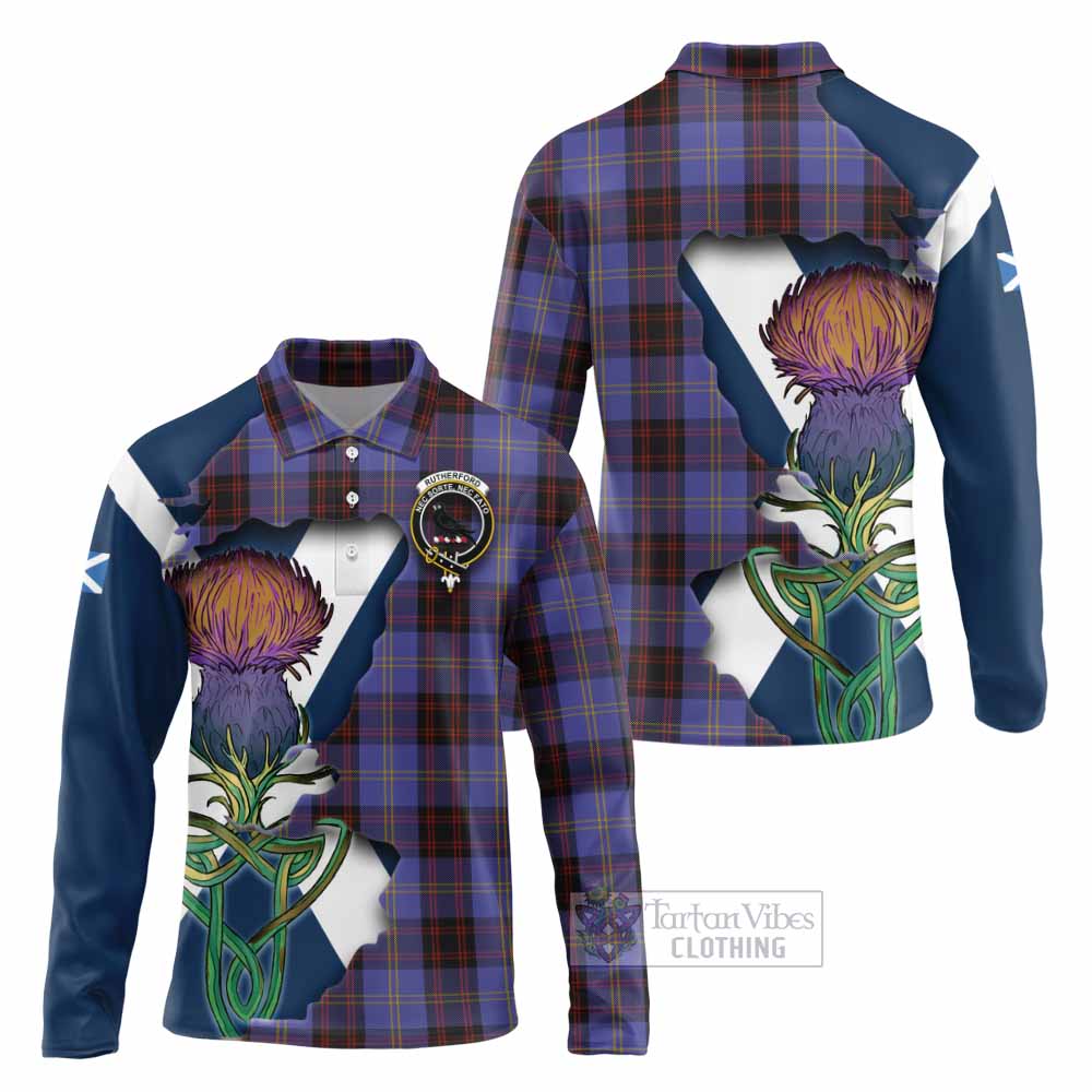 Tartan Vibes Clothing Rutherford Tartan Family Crest Long Sleeve Polo Shirt Scottish Thistle Celtic Inspired