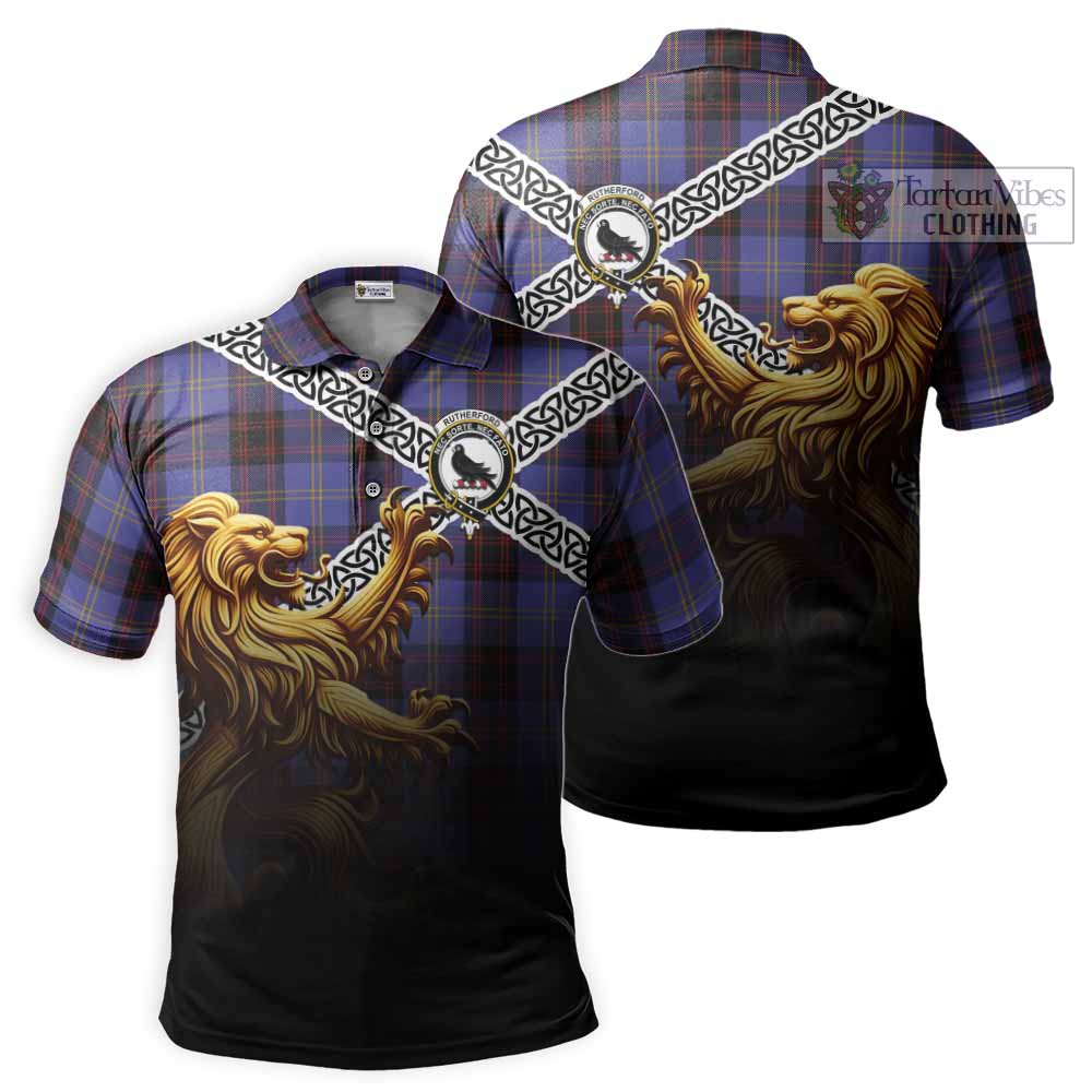 Tartan Vibes Clothing Rutherford Crest Tartan Polo Shirt with Golden Lion Emblem Celtic Style