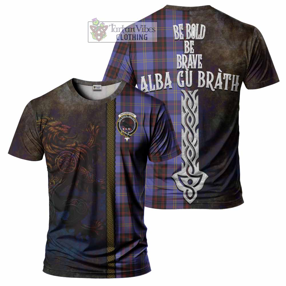Tartan Vibes Clothing Rutherford Tartan Family Crest T-Shirt Alba Gu Brath Be Brave Lion Ancient Style