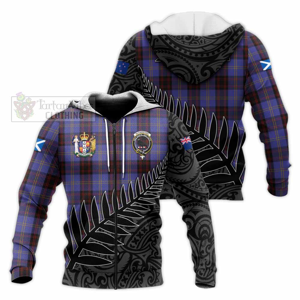 Tartan Vibes Clothing Rutherford Crest Tartan Knitted Hoodie with New Zealand Silver Fern Half Style