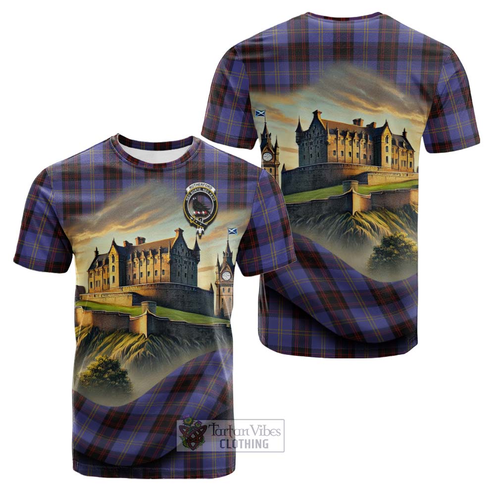 Tartan Vibes Clothing Rutherford Tartan Family Crest Cotton T-shirt with Scottish Ancient Castle Style