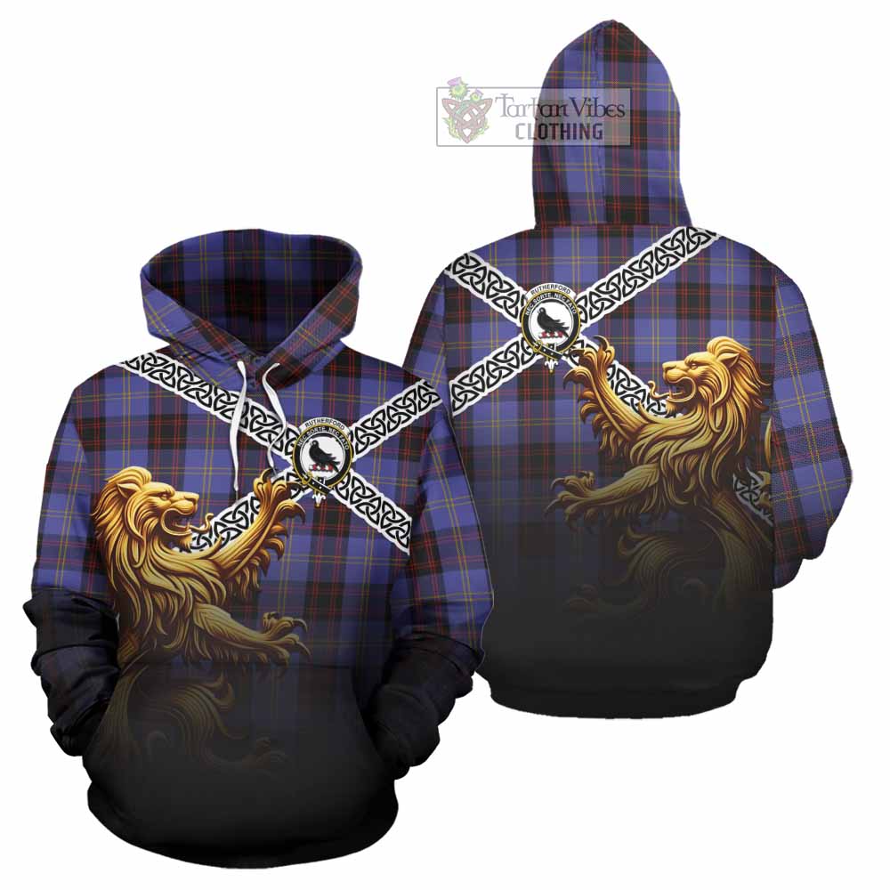 Tartan Vibes Clothing Rutherford Crest Tartan Hoodie with Golden Lion Emblem Celtic Style