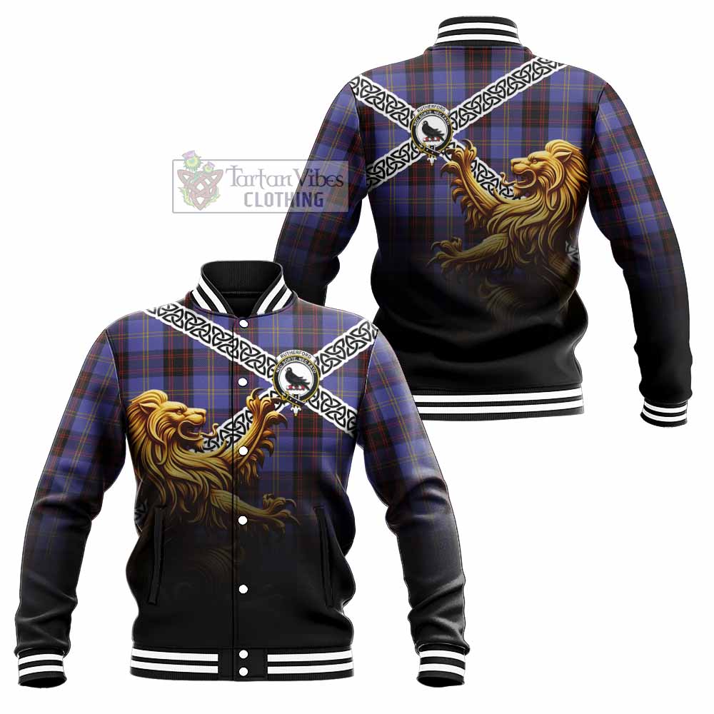 Tartan Vibes Clothing Rutherford Crest Tartan Baseball Jacket with Golden Lion Emblem Celtic Style