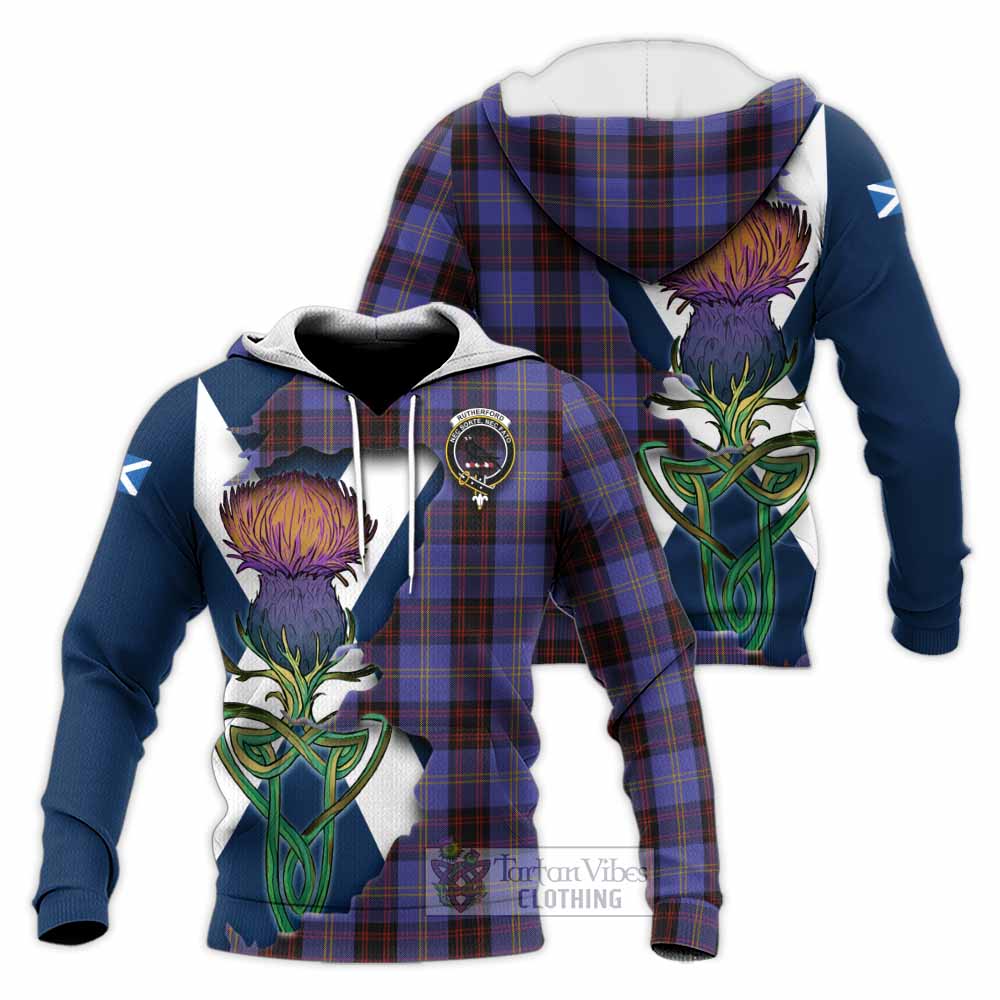 Tartan Vibes Clothing Rutherford Tartan Family Crest Knitted Hoodie Scottish Thistle Celtic Inspired