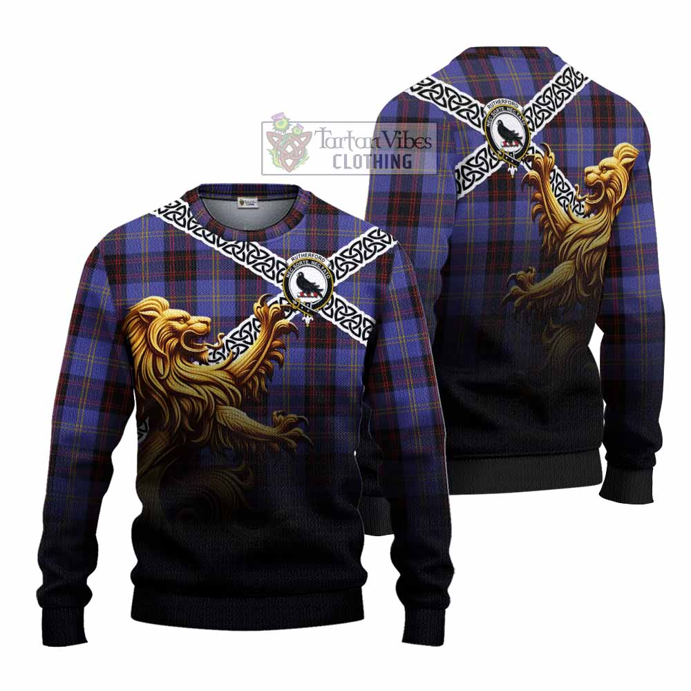 Tartan Vibes Clothing Rutherford Crest Tartan Knitted Sweater with Golden Lion Emblem Celtic Style