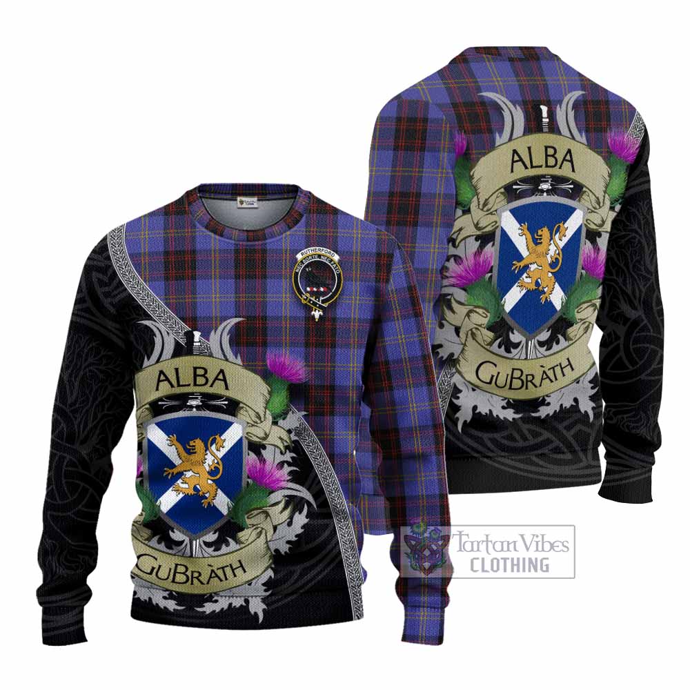 Tartan Vibes Clothing Rutherford Tartan Family Crest Knitted Sweater Lion Rampant Royal Thistle Shield Celtic Inspired