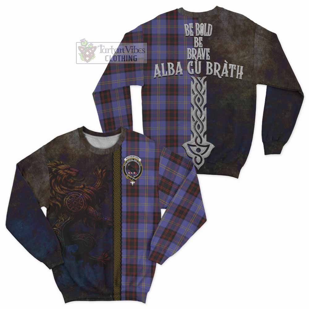 Tartan Vibes Clothing Rutherford Tartan Family Crest Sweatshirt Alba Gu Brath Be Brave Lion Ancient Style