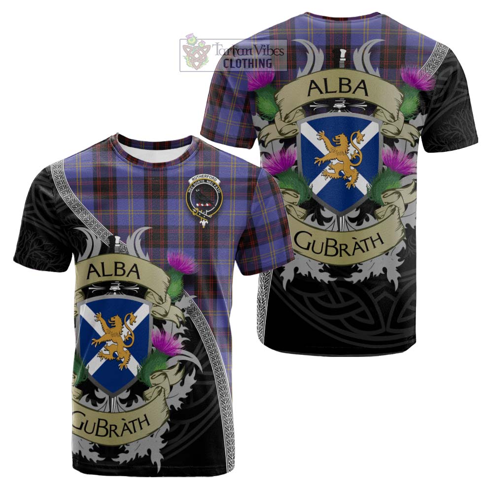 Tartan Vibes Clothing Rutherford Tartan Family Crest Cotton T-shirt Lion Rampant Royal Thistle Shield Celtic Inspired