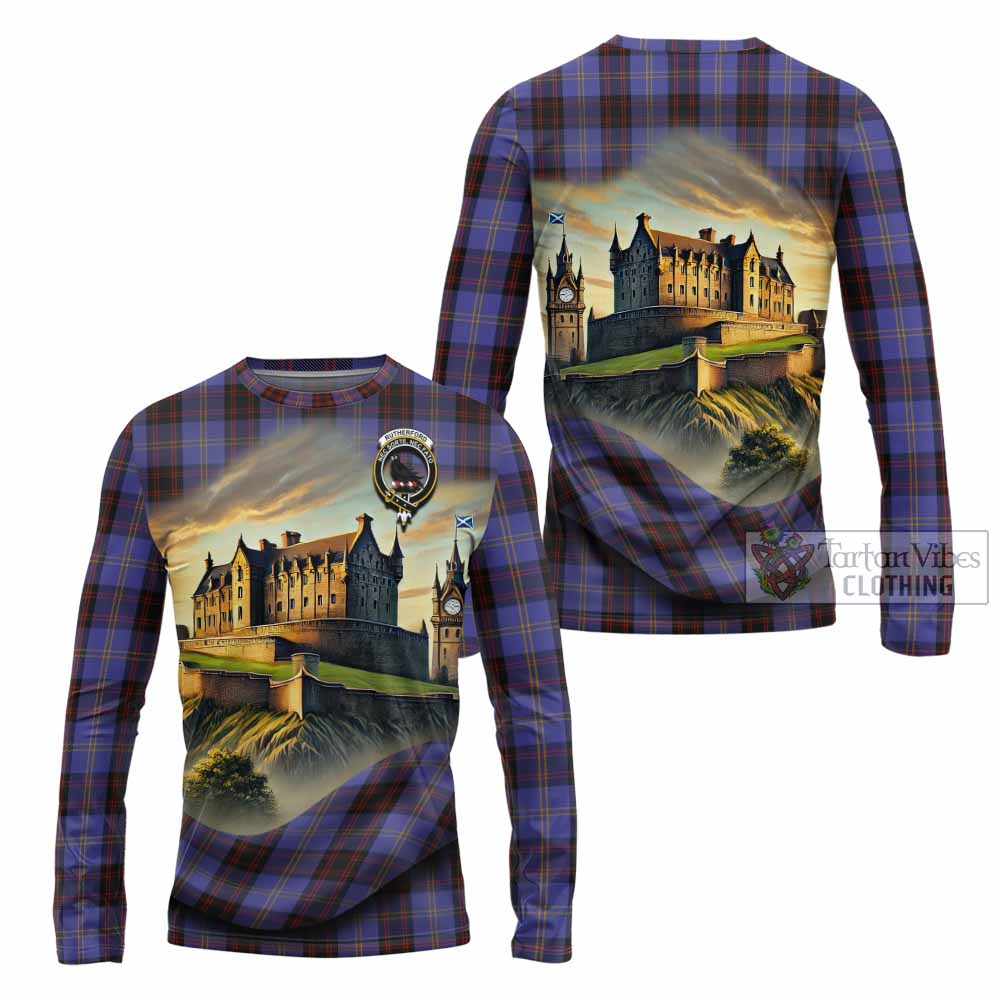 Tartan Vibes Clothing Rutherford Tartan Family Crest Long Sleeve T-Shirt with Scottish Ancient Castle Style