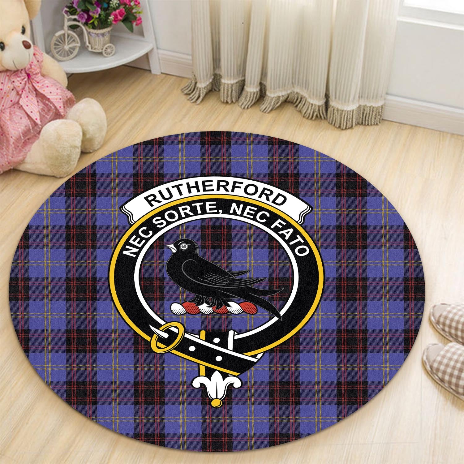 rutherford-tartan-round-rug-with-family-crest