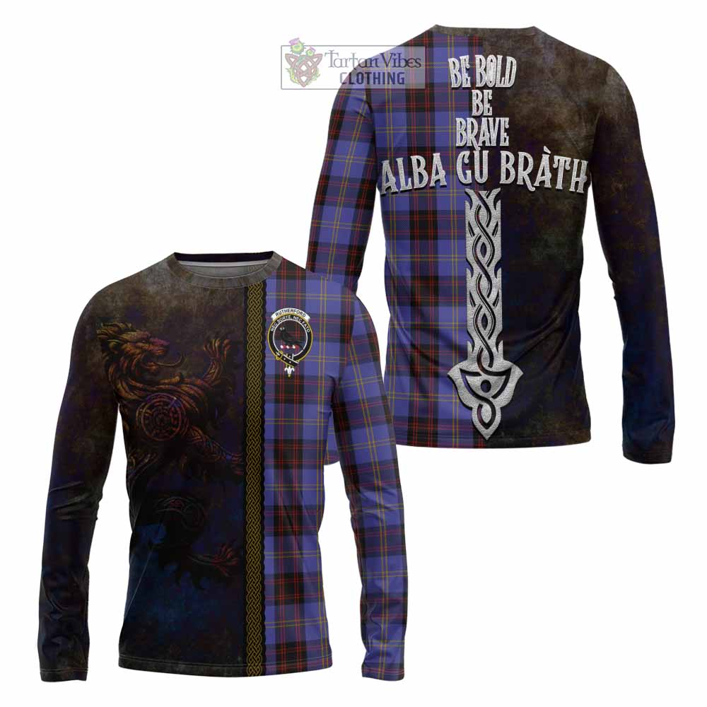 Tartan Vibes Clothing Rutherford Tartan Family Crest Long Sleeve T-Shirt Alba Gu Brath Be Brave Lion Ancient Style