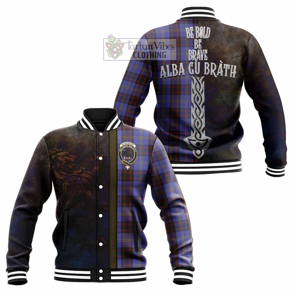 Tartan Vibes Clothing Rutherford Tartan Family Crest Baseball Jacket Alba Gu Brath Be Brave Lion Ancient Style
