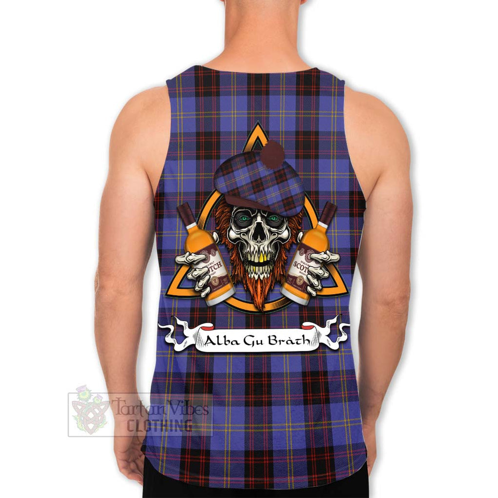 Tartan Vibes Clothing Rutherford Tartan Men's Tank Top with Family Crest and Bearded Skull Holding Bottles of Whiskey