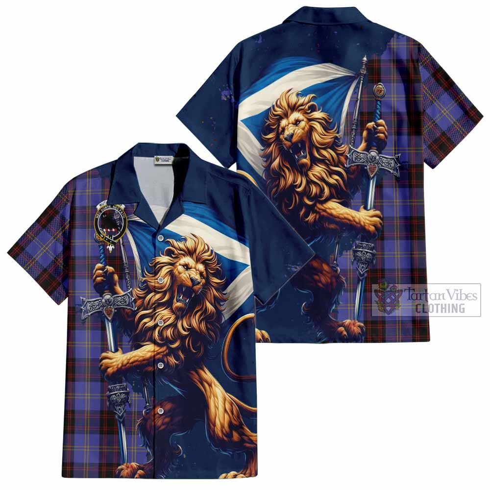 Tartan Vibes Clothing Rutherford Tartan Family Crest Short Sleeve Button Shirt with Scottish Majestic Lion