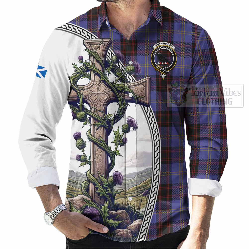 Tartan Vibes Clothing Rutherford Tartan Long Sleeve Button Shirt with Family Crest and St. Andrew's Cross Accented by Thistle Vines