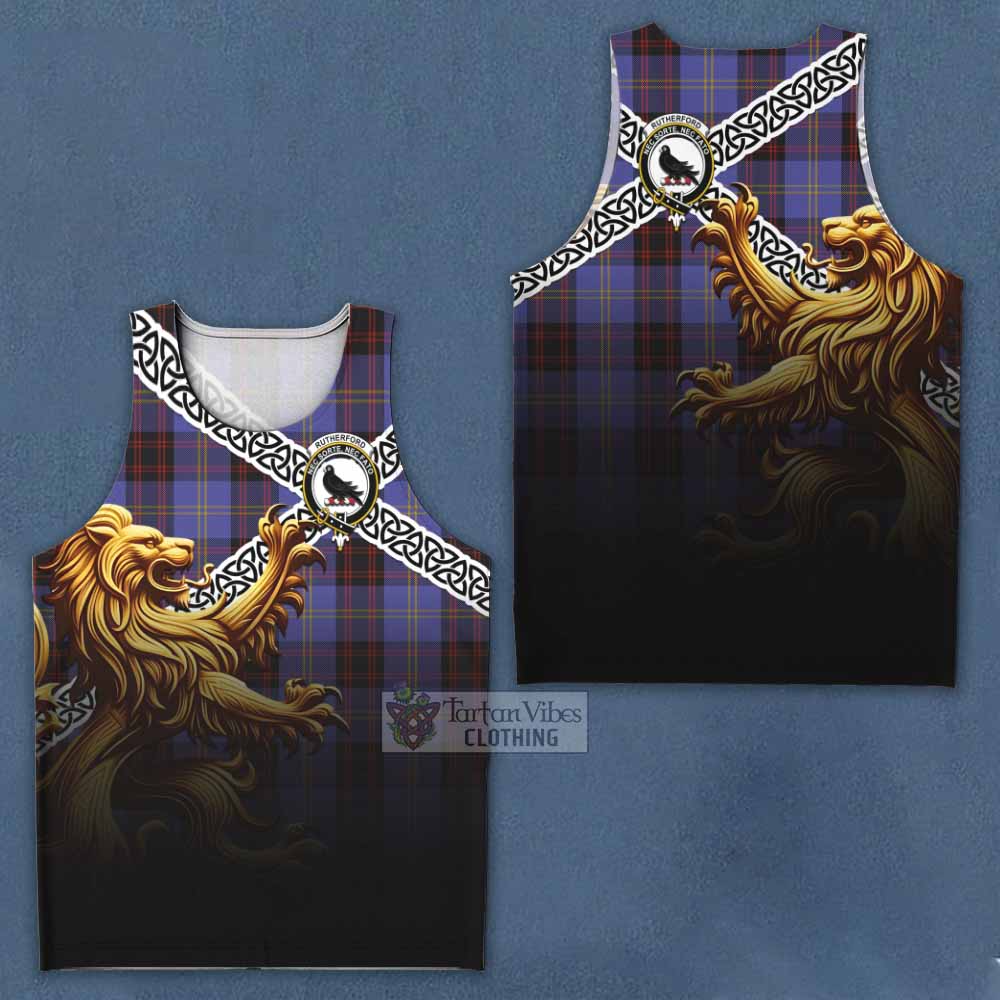 Tartan Vibes Clothing Rutherford Crest Tartan Men's Tank Top with Golden Lion Emblem Celtic Style