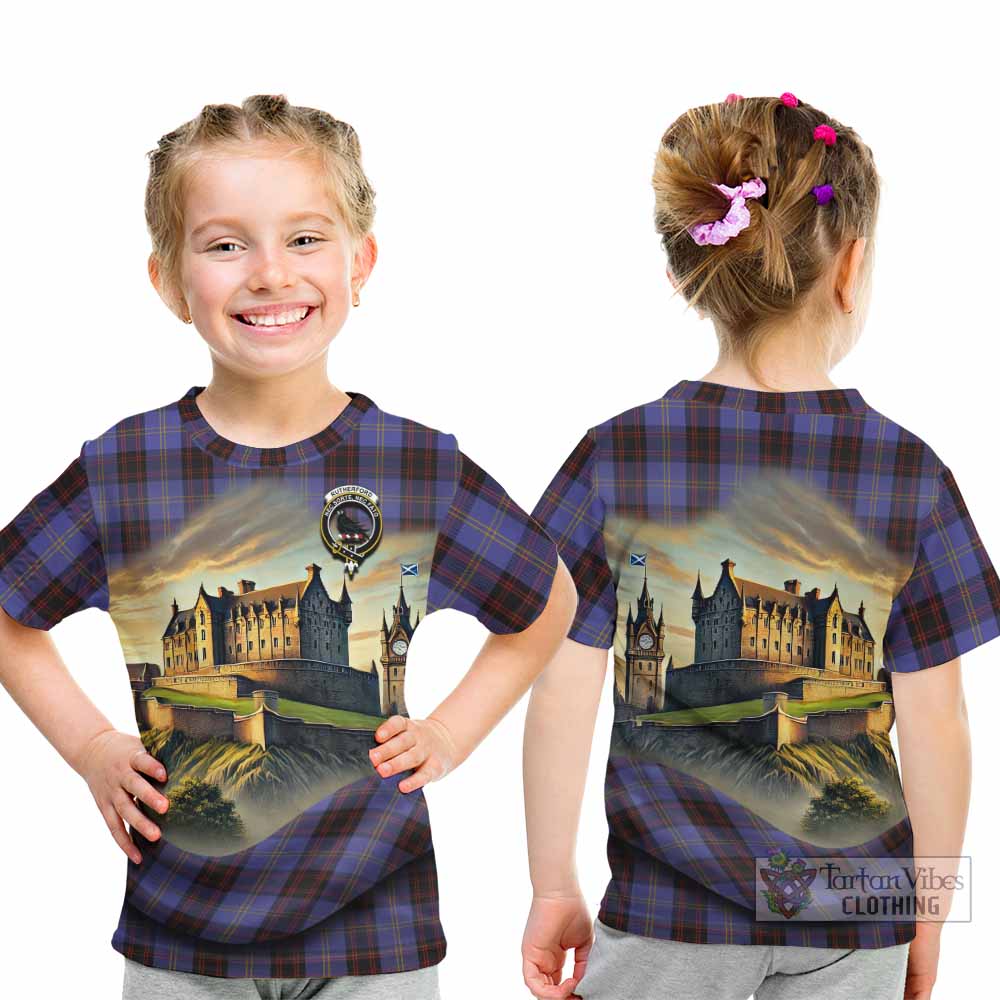 Tartan Vibes Clothing Rutherford Tartan Family Crest Kid T-Shirt with Scottish Ancient Castle Style