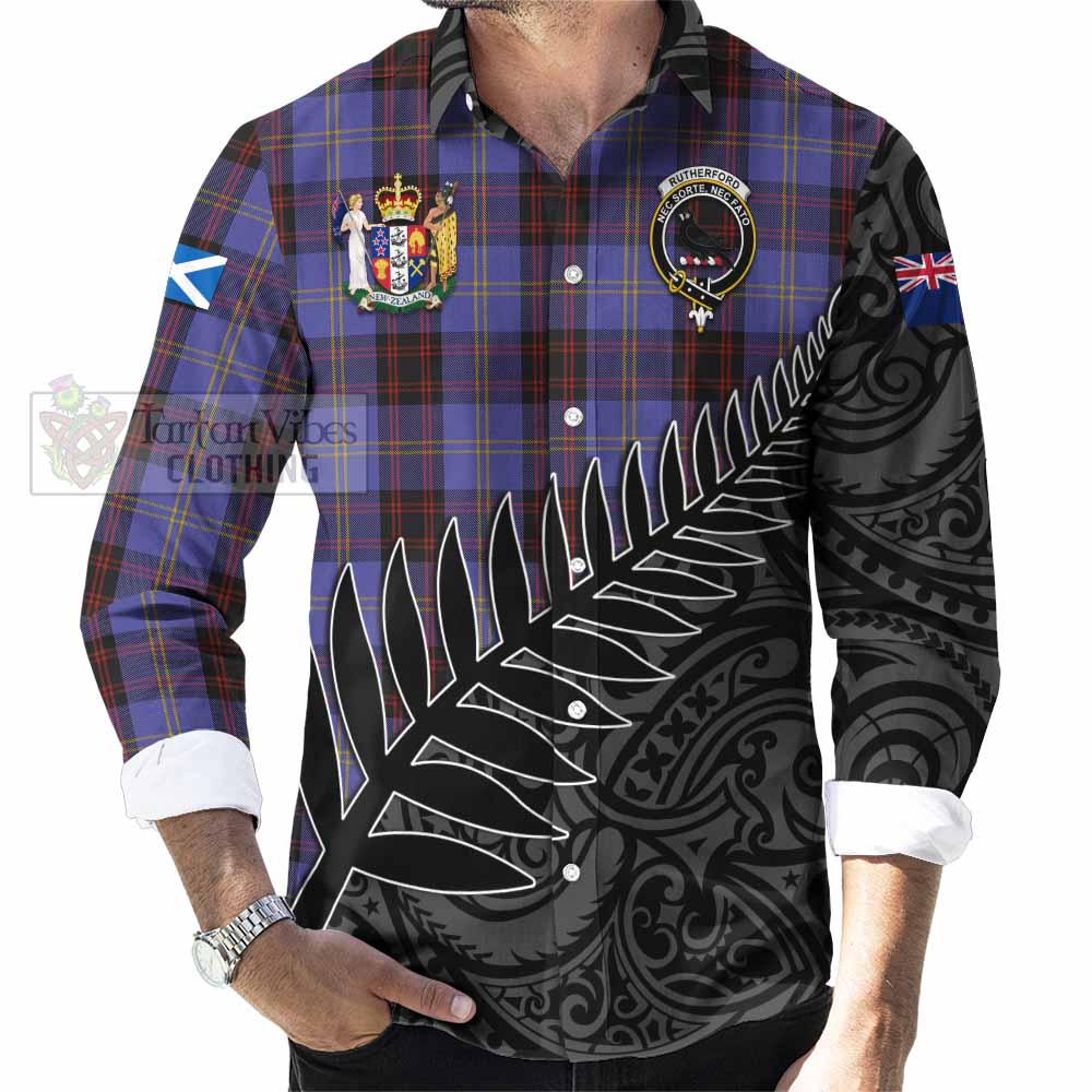 Tartan Vibes Clothing Rutherford Crest Tartan Long Sleeve Button Shirt with New Zealand Silver Fern Half Style