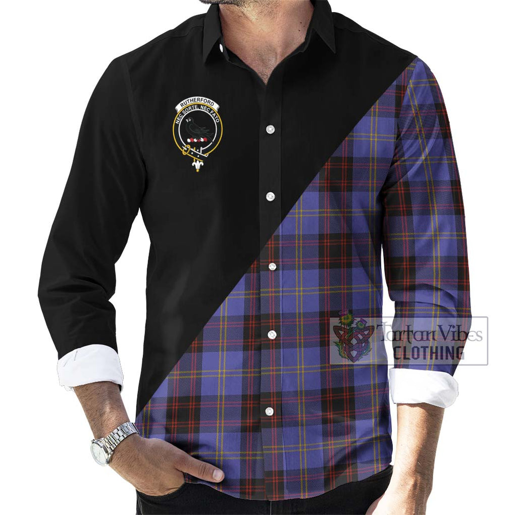 Rutherford Tartan Long Sleeve Button Shirt with Family Crest and Military Logo Style - Tartanvibesclothing Shop