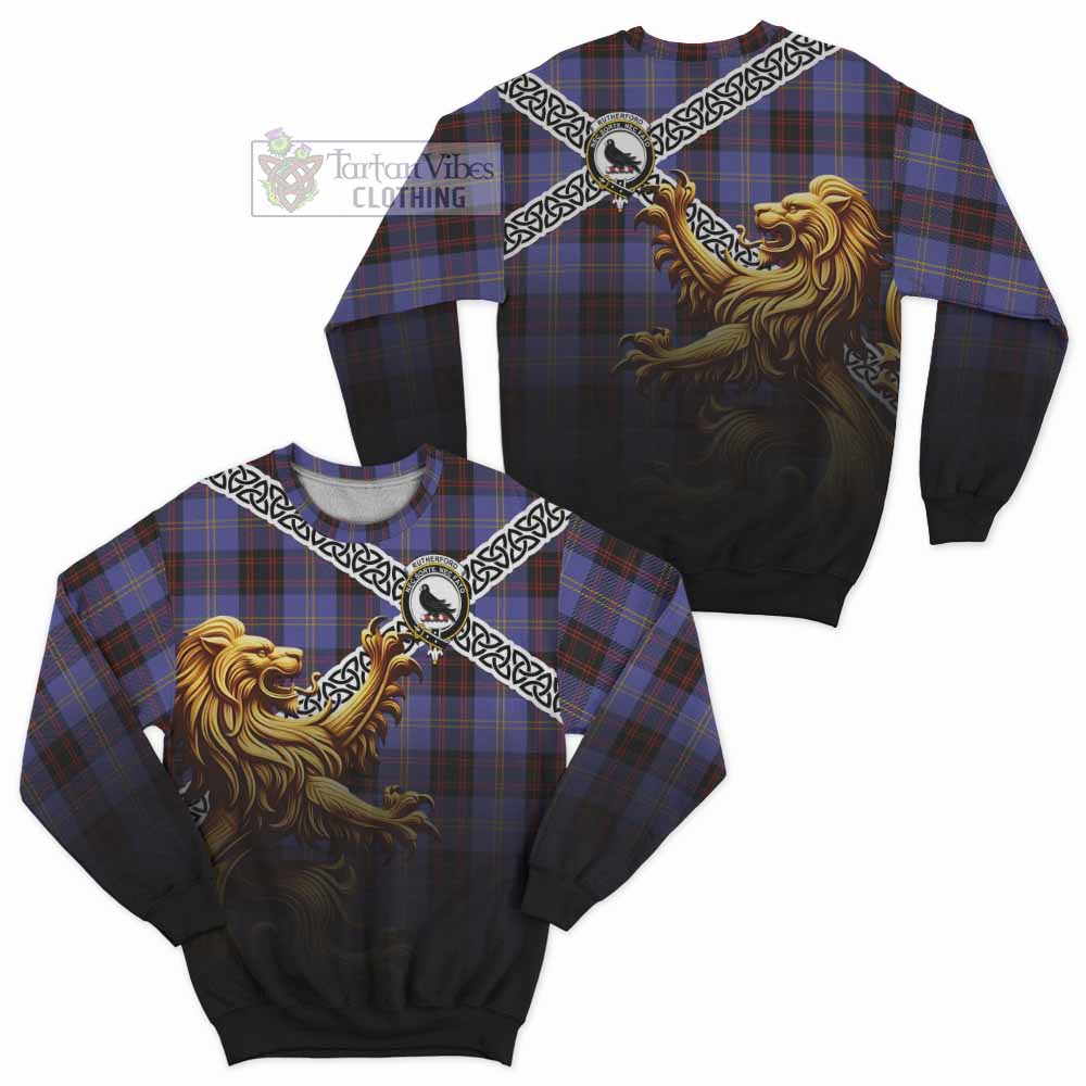 Tartan Vibes Clothing Rutherford Crest Tartan Sweatshirt with Golden Lion Emblem Celtic Style