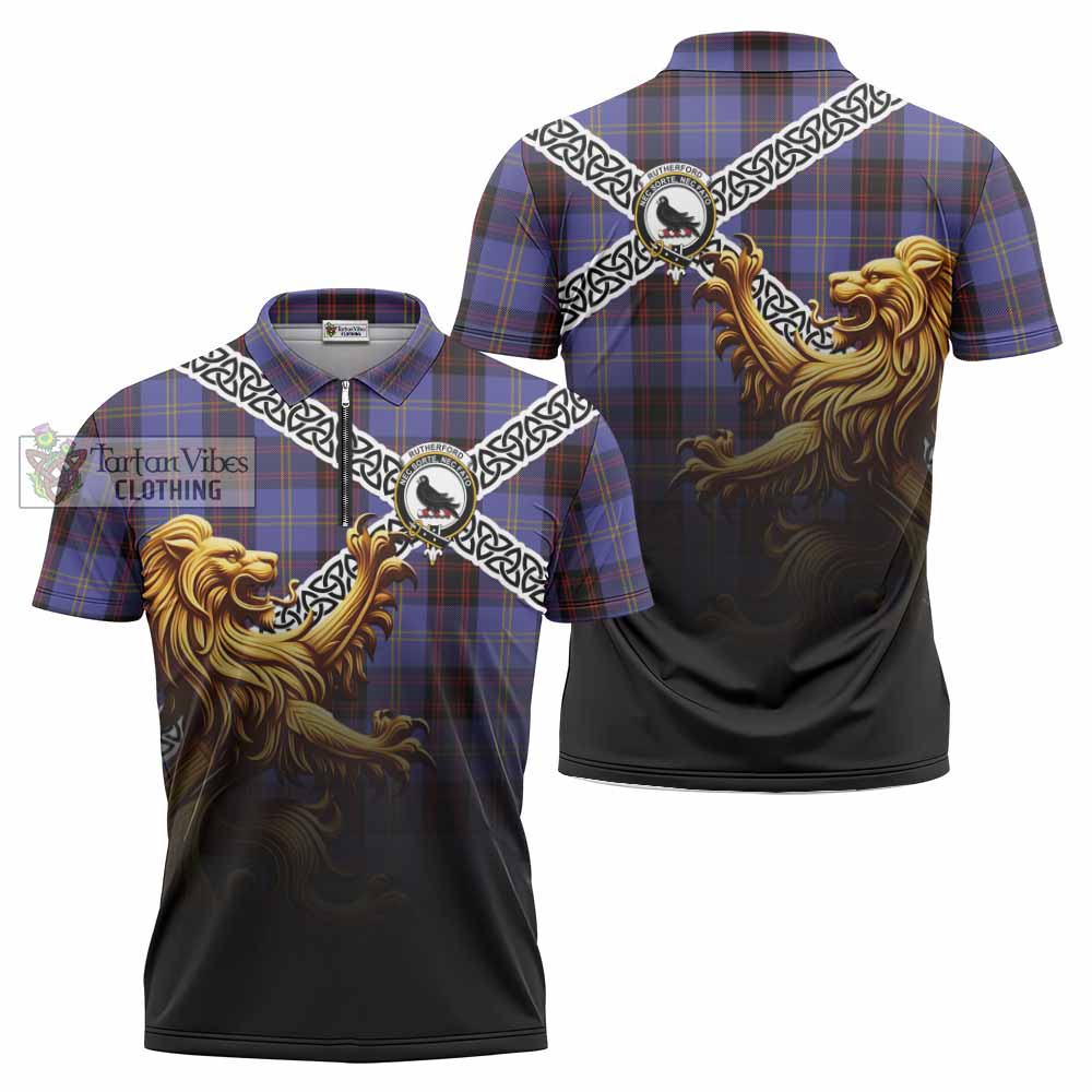 Tartan Vibes Clothing Rutherford Crest Tartan Zipper Polo Shirt with Golden Lion Emblem Celtic Style