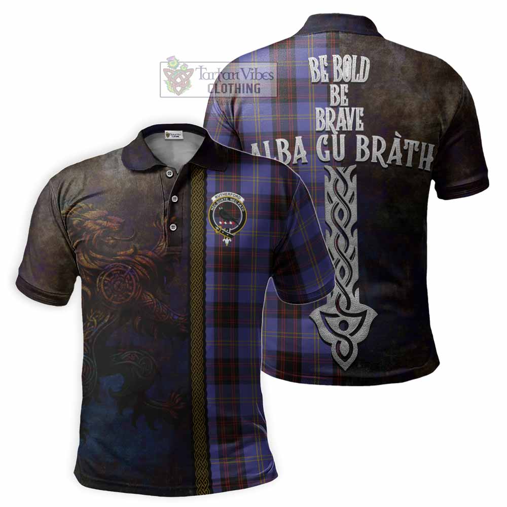 Tartan Vibes Clothing Rutherford Tartan Family Crest Polo Shirt Alba Gu Brath Be Brave Lion Ancient Style