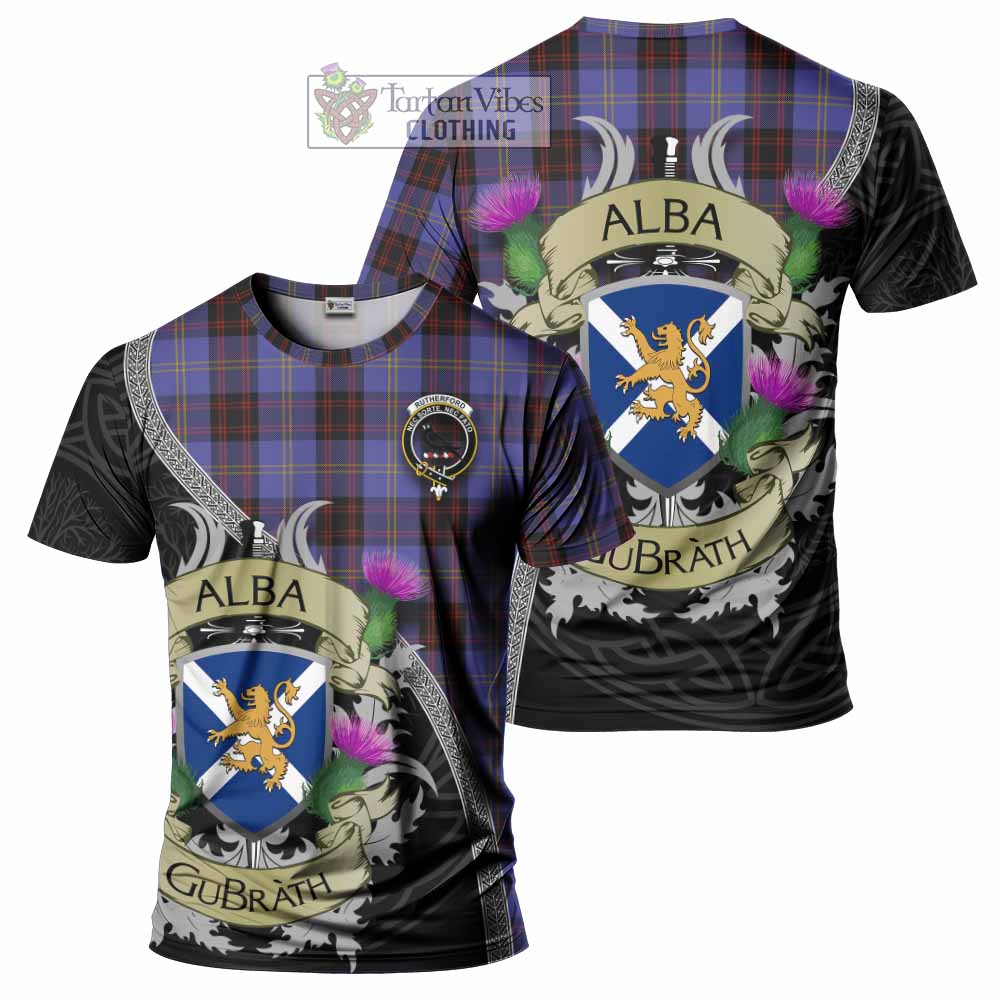 Tartan Vibes Clothing Rutherford Tartan Family Crest T-Shirt Lion Rampant Royal Thistle Shield Celtic Inspired