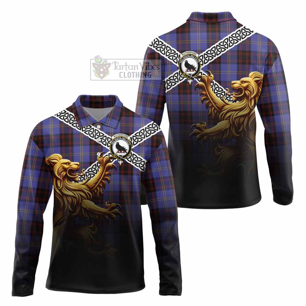 Rutherford Crest Tartan Long Sleeve Polo Shirt with Golden Lion Emblem Celtic Style - Tartan Vibes Clothing