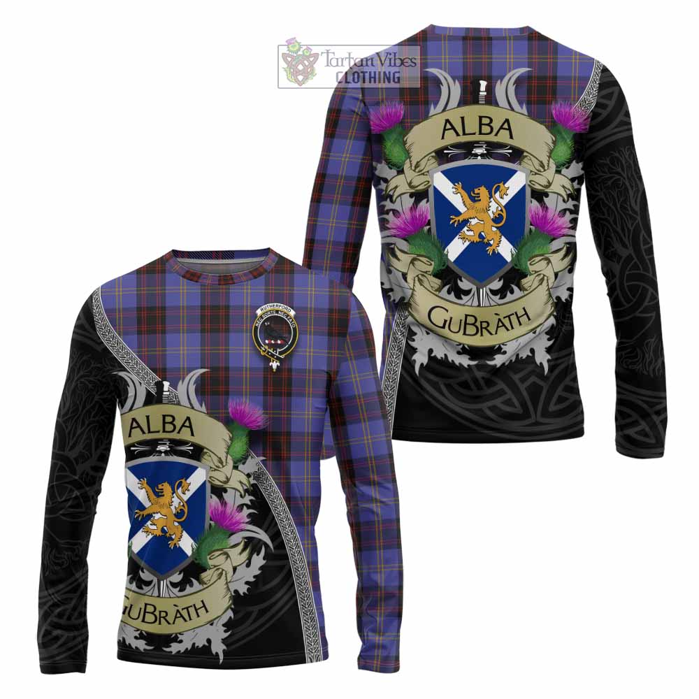 Tartan Vibes Clothing Rutherford Tartan Family Crest Long Sleeve T-Shirt Lion Rampant Royal Thistle Shield Celtic Inspired