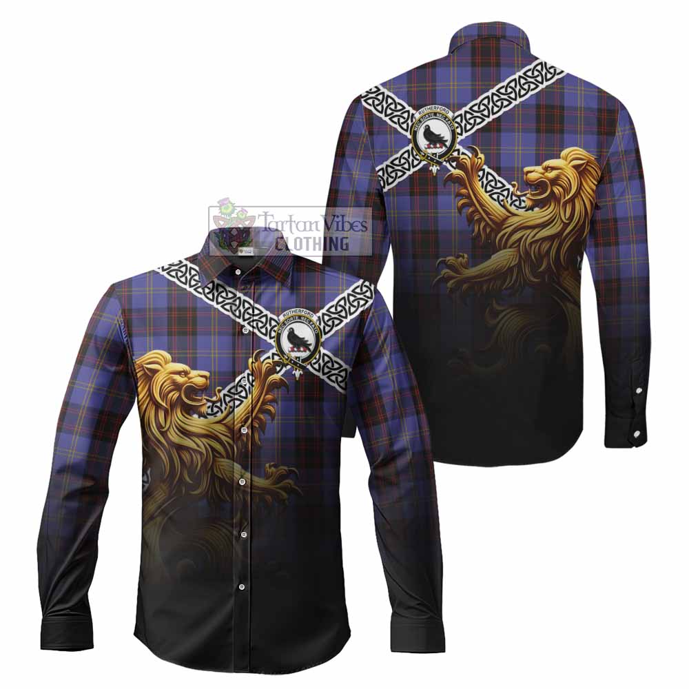 Tartan Vibes Clothing Rutherford Crest Tartan Long Sleeve Button Shirt with Golden Lion Emblem Celtic Style