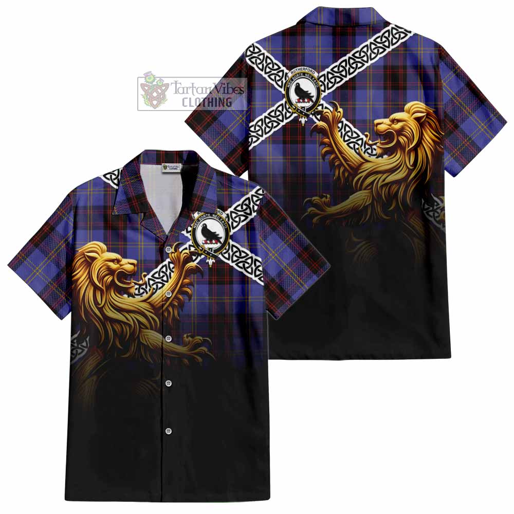 Tartan Vibes Clothing Rutherford Crest Tartan Short Sleeve Button Shirt with Golden Lion Emblem Celtic Style