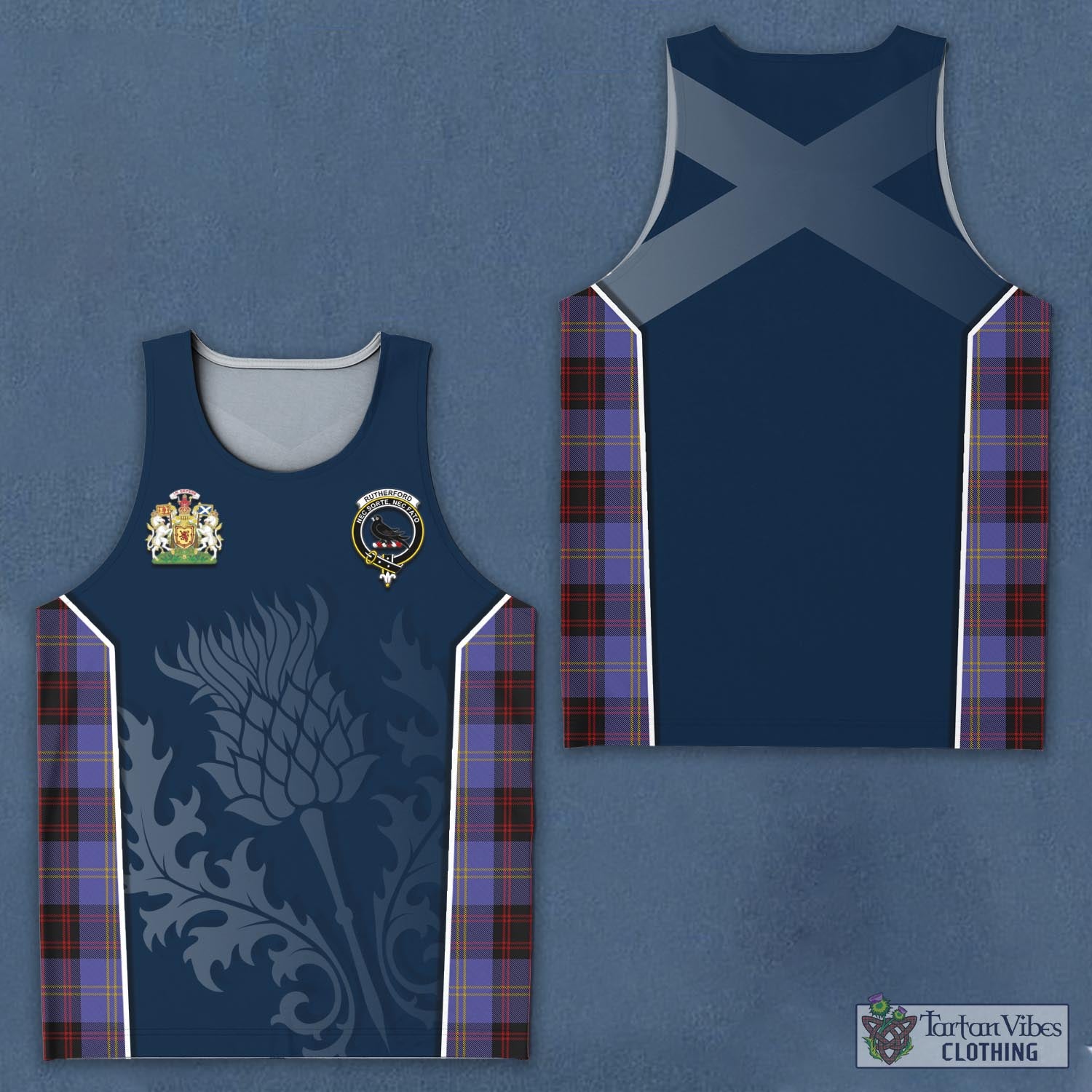 Tartan Vibes Clothing Rutherford Tartan Men's Tanks Top with Family Crest and Scottish Thistle Vibes Sport Style
