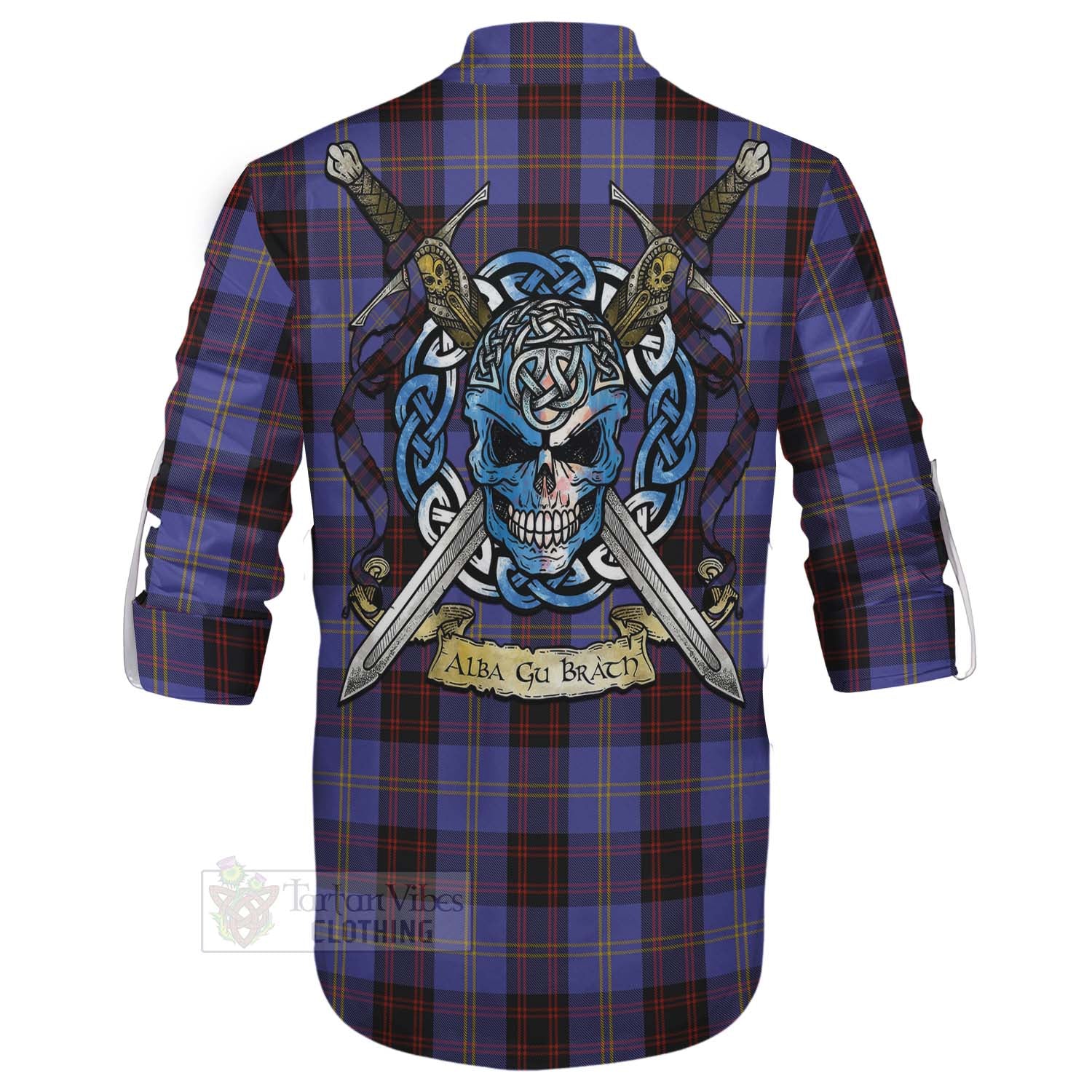 Tartan Vibes Clothing Rutherford Tartan Ghillie Kilt Shirt with Family Crest Celtic Skull Style