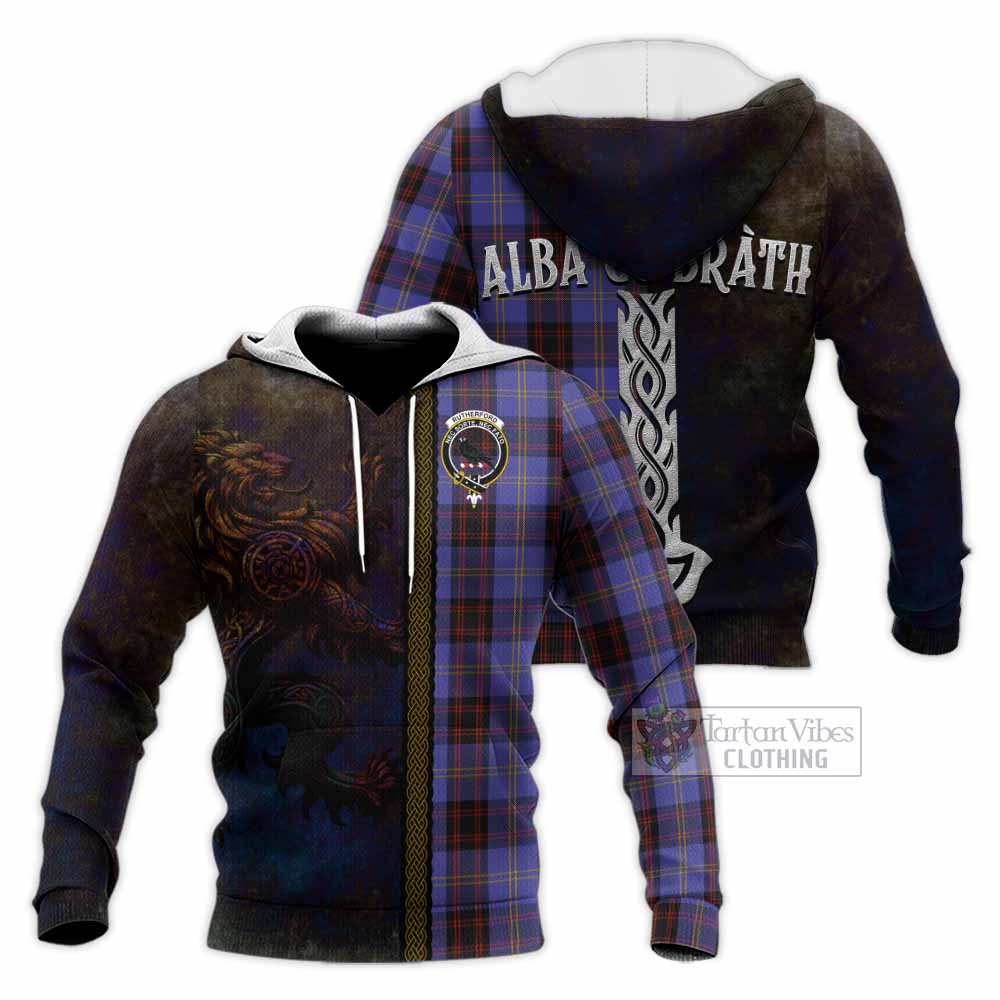 Tartan Vibes Clothing Rutherford Tartan Family Crest Knitted Hoodie Alba Gu Brath Be Brave Lion Ancient Style