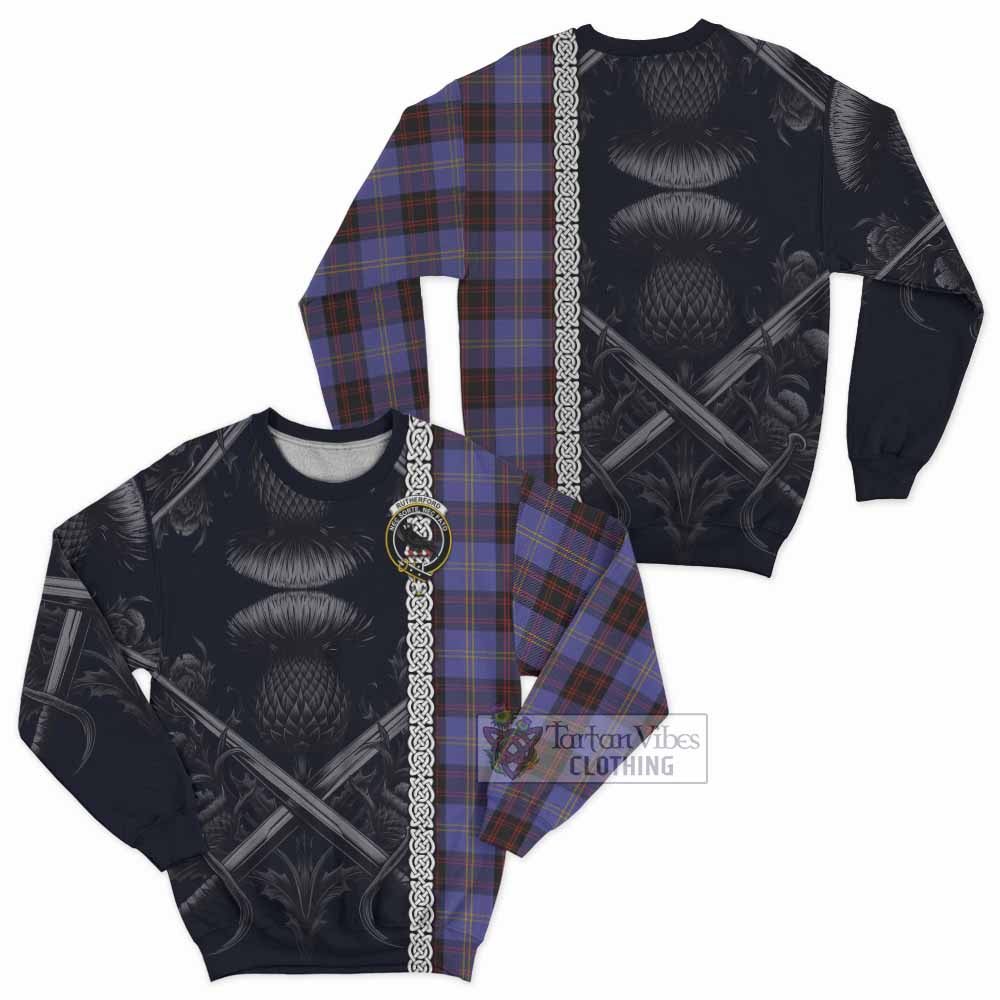 Tartan Vibes Clothing Rutherford Tartan Sweatshirt with Family Crest Cross Sword Thistle Celtic Vibes