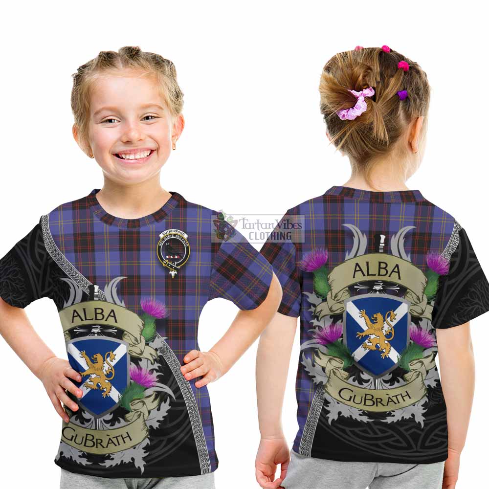 Tartan Vibes Clothing Rutherford Tartan Family Crest Kid T-Shirt Lion Rampant Royal Thistle Shield Celtic Inspired