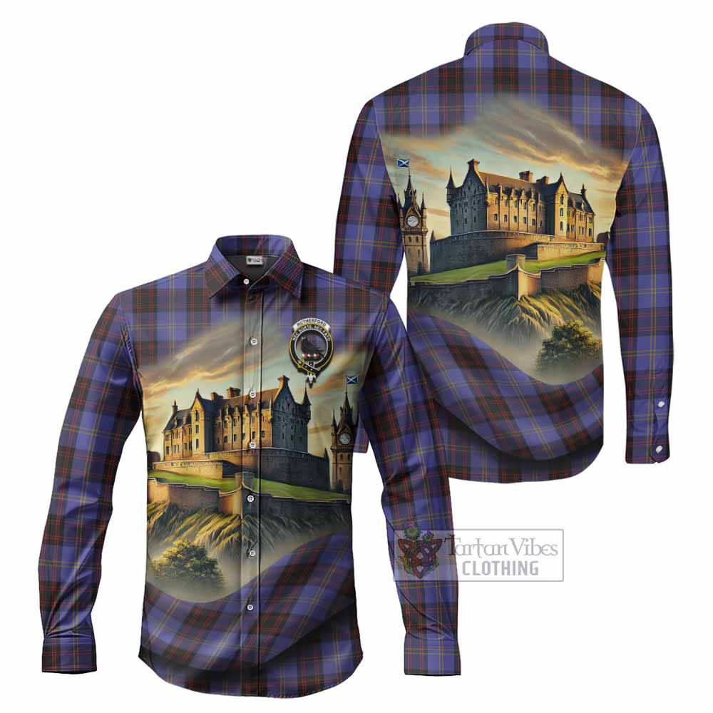 Tartan Vibes Clothing Rutherford Tartan Family Crest Long Sleeve Button Shirt with Scottish Ancient Castle Style