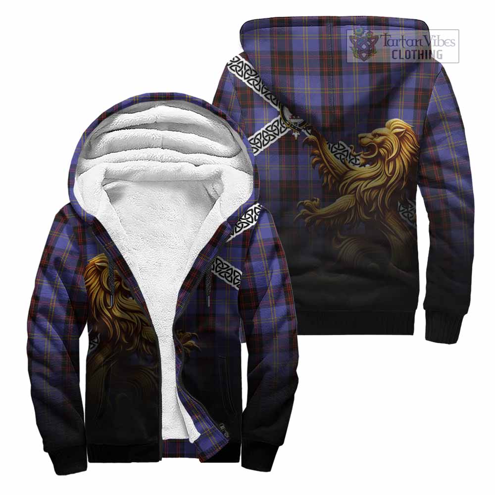 Tartan Vibes Clothing Rutherford Crest Tartan Sherpa Hoodie with Golden Lion Emblem Celtic Style